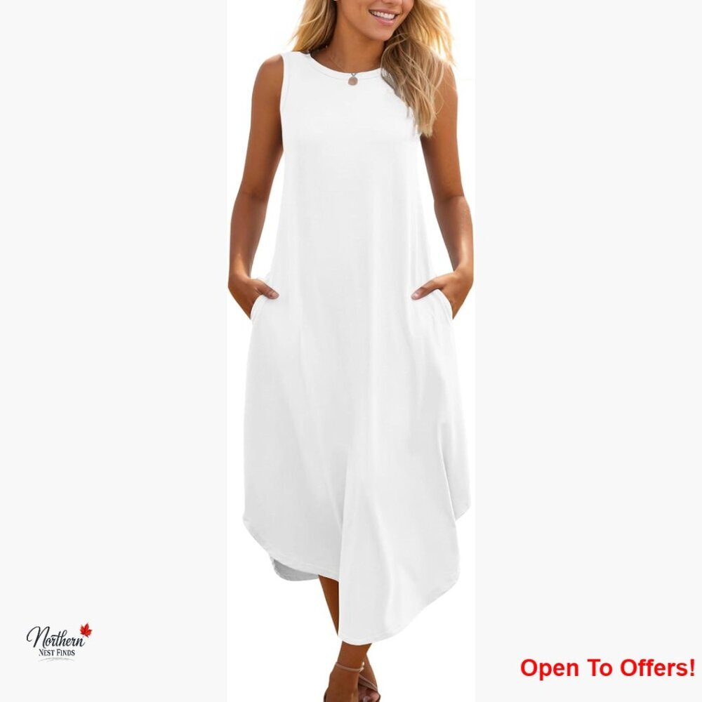 Sleeveless Maxi Dress with Pockets, Side Split, Round Neck